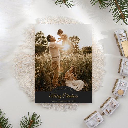 Charcoal Very Merry Christmas Four Photo Vertical Foil Holiday Card