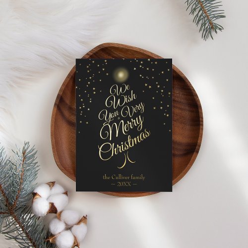 Charcoal Very Merry Christmas Tree Family Letter Foil Holiday Card