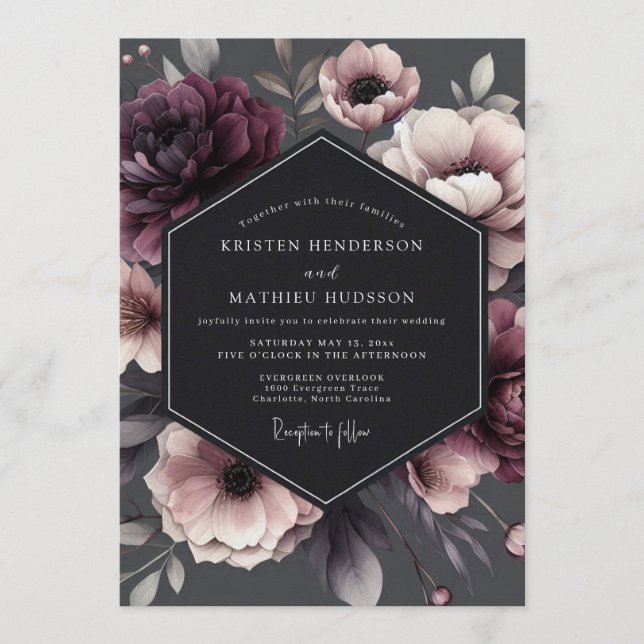 Charcoal Victorian Bloom Wedding Invitation (Front)