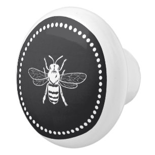 Charcoal Vintage Bee Illustration Ceramic Knob
