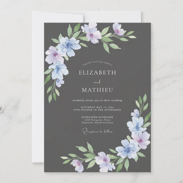 Charcoal Violet Petal Wedding Invitation (Front)
