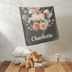 Charcoal whimsical pastel unicorn with roses baby blanket