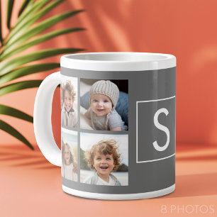 Charcoal White 8 Photo Collage Custom Monogram Giant Coffee Mug