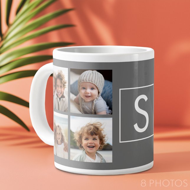 Charcoal White 8 Photo Collage Custom Monogram Giant Coffee Mug (Custom Photo Collage Mug)