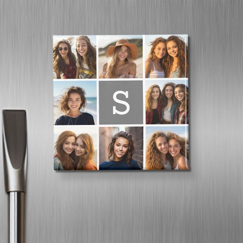 Charcoal White 8 Photo Collage Custom Monogram Magnet