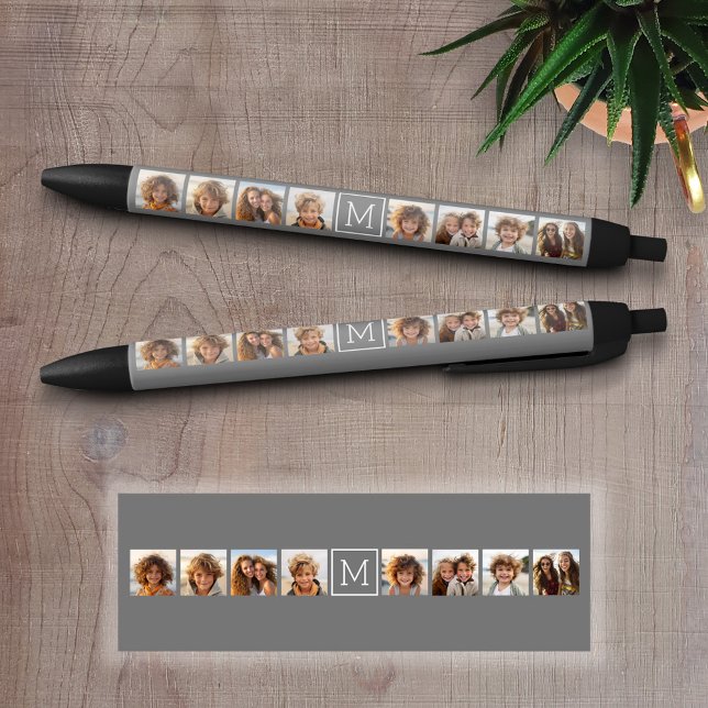 Charcoal White 8 Photo Collage Custom Monogram Pen (Custom Pen - Personalize this writing pen with photos, your name, monogram or other text)