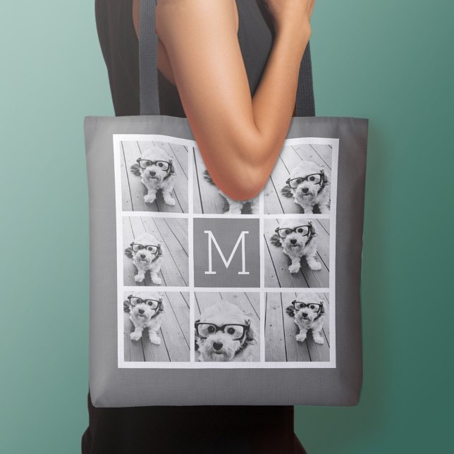 Charcoal White 8 Photo Collage Custom Monogram Tote Bag (Personalized tote bag - add your name or other text)