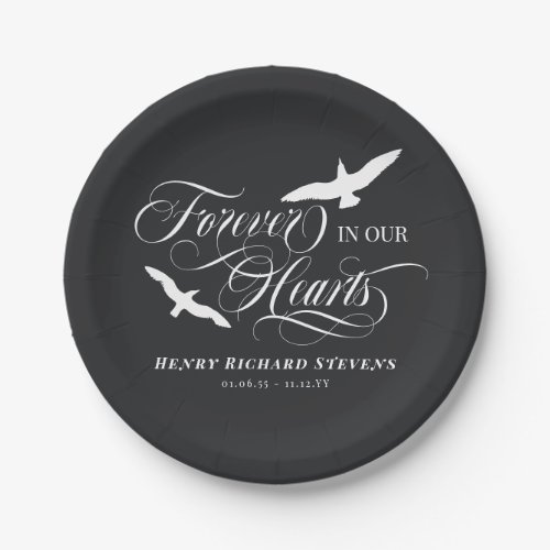 Charcoal White Birds Forever In Our Hearts Funeral Paper Plates