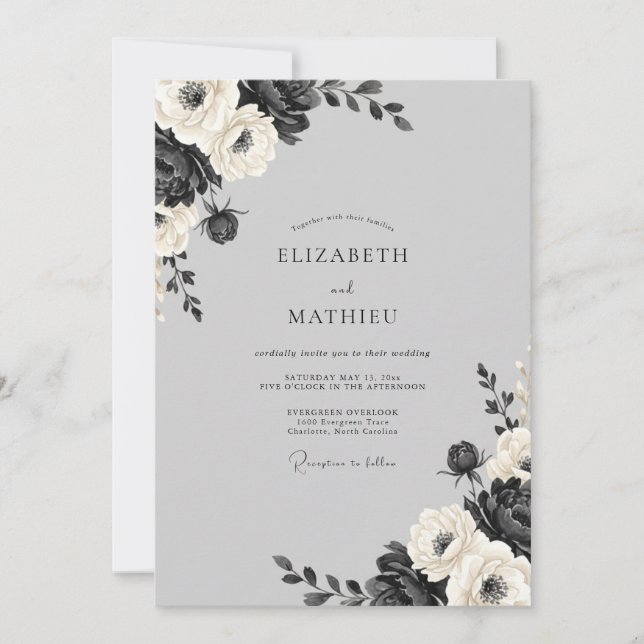 Charcoal White Blossom Wedding Invitation (Front)