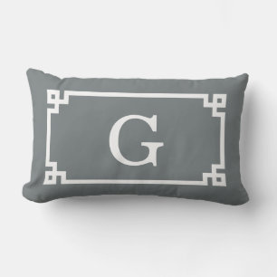 Charcoal White Greek Key Frame #2 Initial Monogram Lumbar Pillow