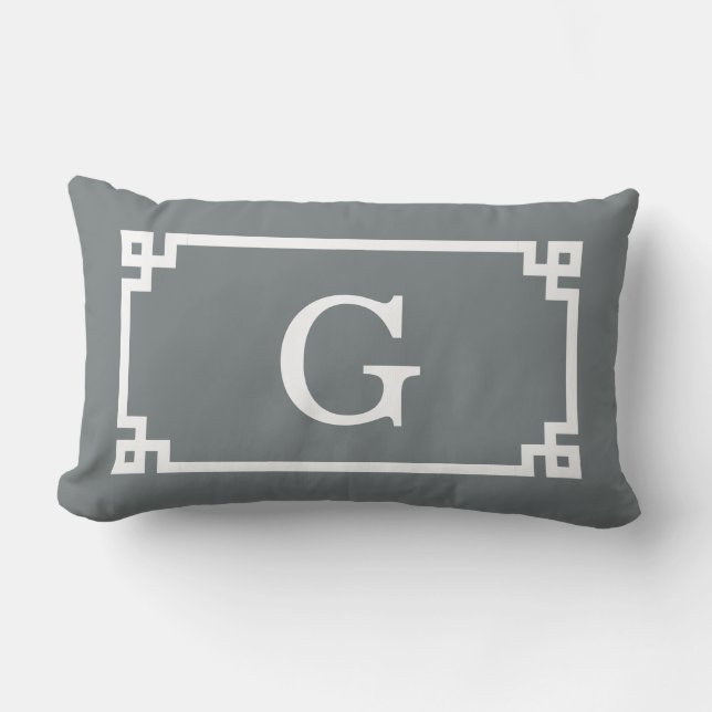 Charcoal White Greek Key Frame #2 Initial Monogram Lumbar Pillow (Front)