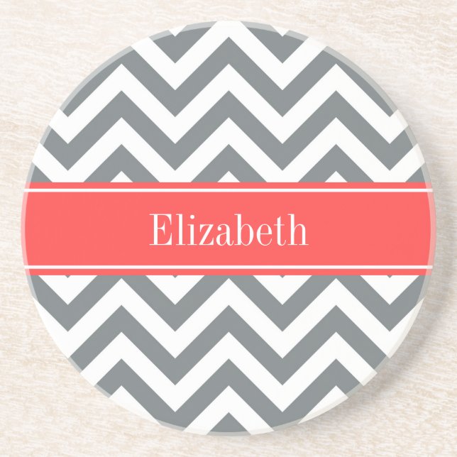 Charcoal White LG Chevron Coral Red Name Monogram Sandstone Coaster (Front)