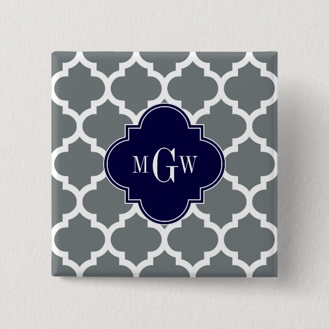 Charcoal White Moroccan #5 Navy 3 Initial Monogram Button (Front)