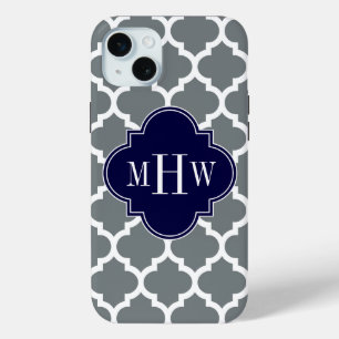 Charcoal White Moroccan #5 Navy 3 Initial Monogram iPhone 15 Plus Case