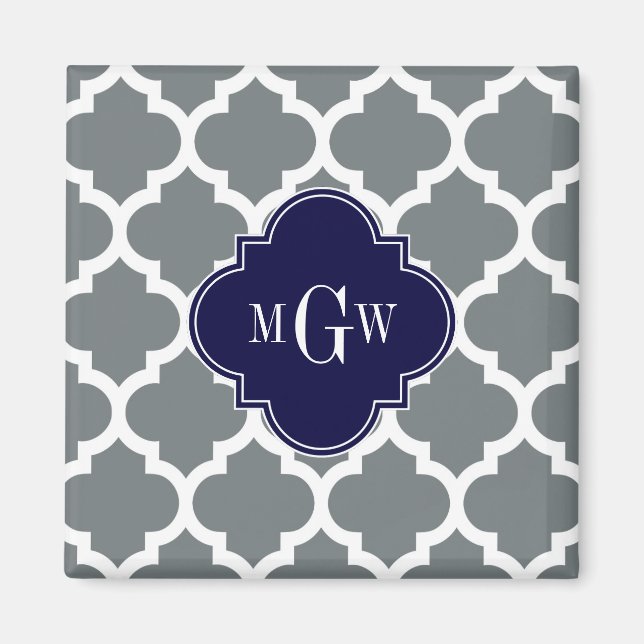 Charcoal White Moroccan #5 Navy 3 Initial Monogram Magnet (Front)
