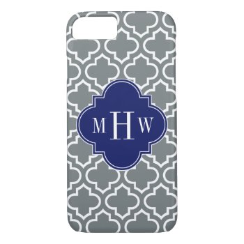 Charcoal White Moroccan #6 Navy 3 Initial Monogram Iphone 8/7 Case by FantabulousCases at Zazzle