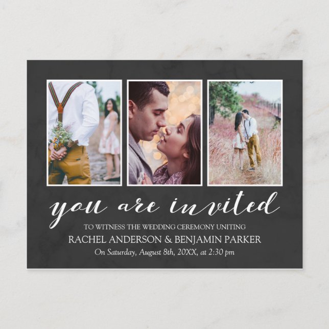 Charcoal & White Photo Collage Wedding Invitation (Front)