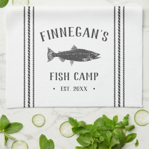 Charcoal  White Rustic Fish Camp Personalized Kitchen Towel