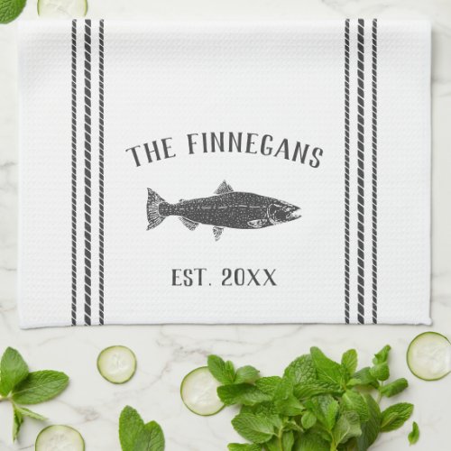 Charcoal  White Rustic Fish Personalized Kitchen Towel