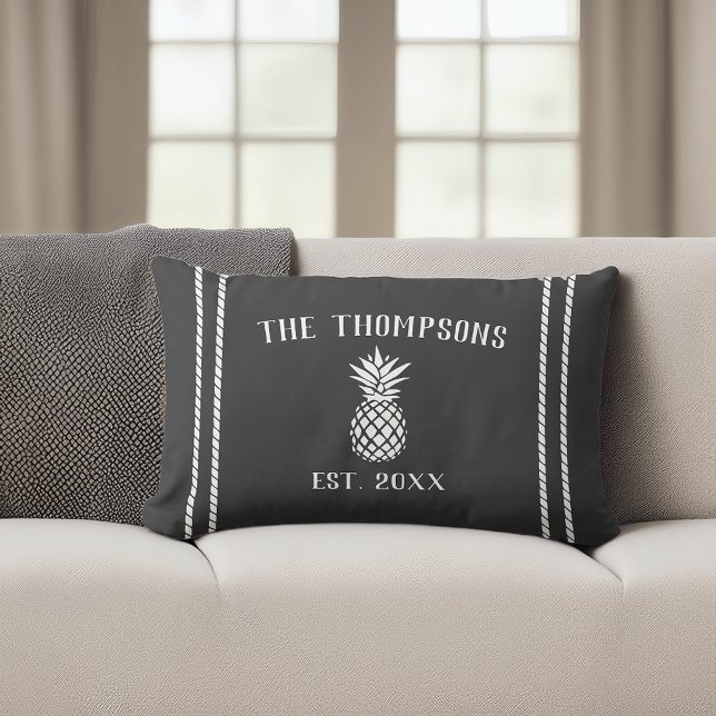 Charcoal & White Rustic Pineapple Personalized Lumbar Pillow (Creator Uploaded)