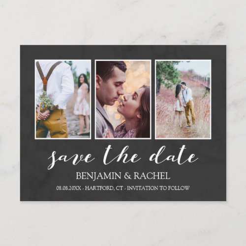 Charcoal  White Save the Date Photo Collage Announcement Postcard