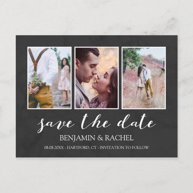 Charcoal & White Save the Date Photo Collage Announcement Postcard (Front)