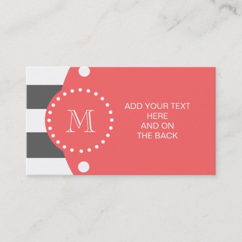 Charcoal White Stripes Pattern, Coral Monogram Business Card Template
