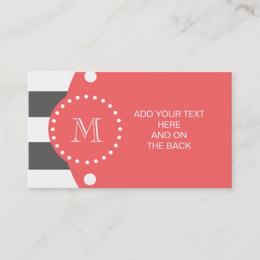 Customizable Charcoal White Stripes Pattern, Coral Monogram Business Card Template