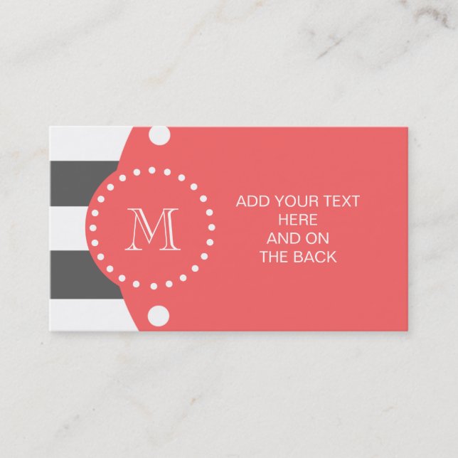 Charcoal White Stripes Pattern, Coral Monogram Business Card (Front)
