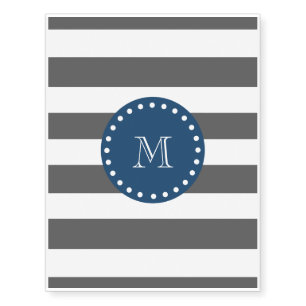 Charcoal White Stripes Pattern, Navy Blue Monogram Temporary Tattoos