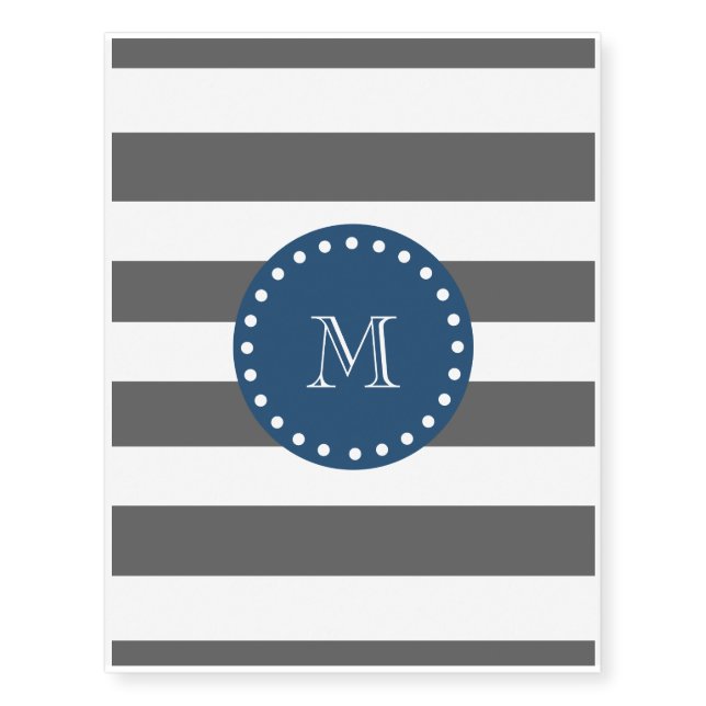 Charcoal White Stripes Pattern, Navy Blue Monogram Temporary Tattoos (Front)