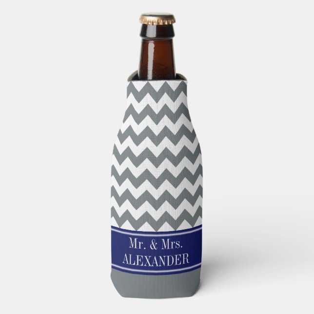 Charcoal Wht Chevron CB Navy Name Monogram Wedding Bottle Cooler (Bottle Front)