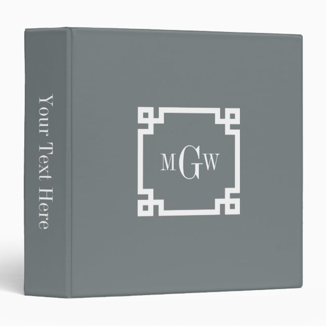 Charcoal Wht Greek Key #2 Framed 3 Init Monogram Binder (Front/Spine)