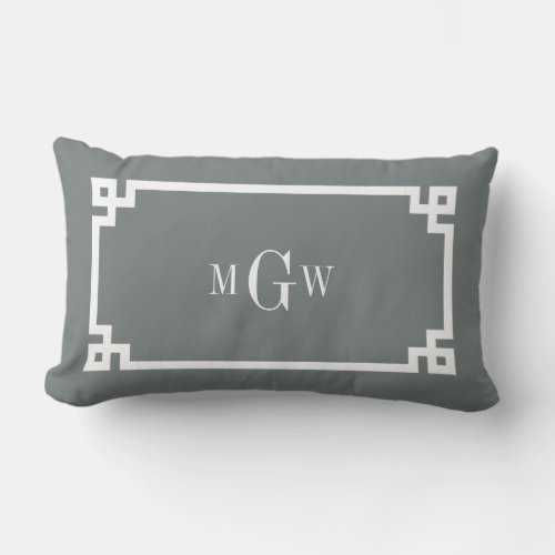 Charcoal Wht Greek Key 2 Framed 3 Init Monogram Lumbar Pillow