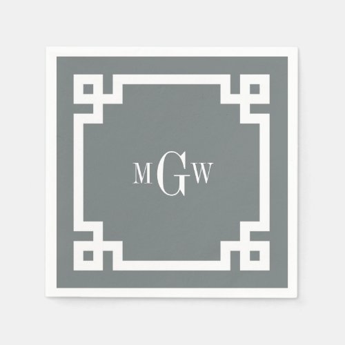 Charcoal Wht Greek Key 2 Framed 3 Init Monogram Napkins