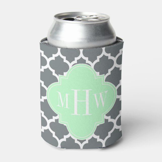 Charcoal, Wht Moroccan #5 Mint 3 Initial Monogram Can Cooler (Can Front)