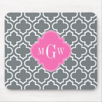 Charcoal Wht Moroccan #6 Hot Pink 3 Init Monogram Mouse Pad by FantabulousCases at Zazzle