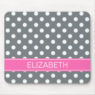 Charcoal Wht Polka Dots #2 Hot Pink Name Monogram Mouse Pad
