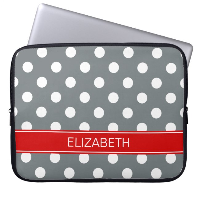 Charcoal Wht Polka Dots #2 Red Name Monogram Laptop Sleeve (Front)