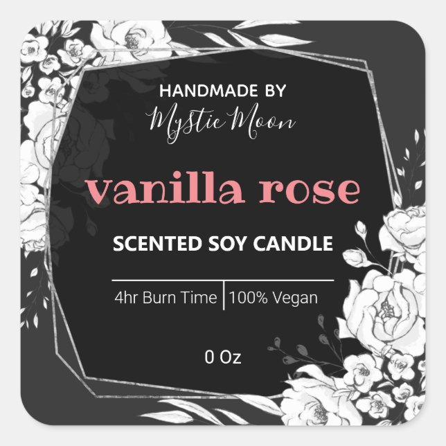 Charcoal With White Flowers Soy Candle Label (Front)