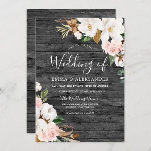 Charcoal Wood Blush  White Flowers Wedding Invitation