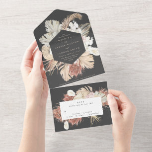 Charcoal Wreath Pampas Grass Floral Cream Wedding All In One Invitation