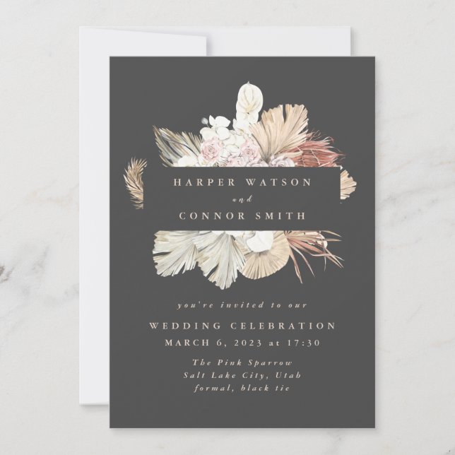 Charcoal Wreath Pampas Grass Floral Cream Wedding Invitation (Front)