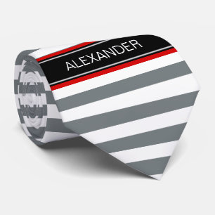 Charcoal Wt Horz Preppy Stripe Black Name Monogram Neck Tie