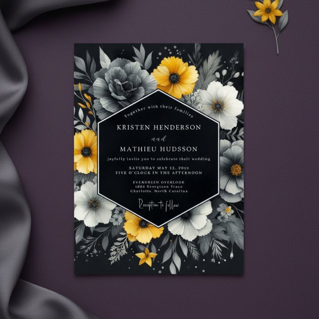 Charcoal Yellow Bloom Wedding Invitation (Creator Uploaded)