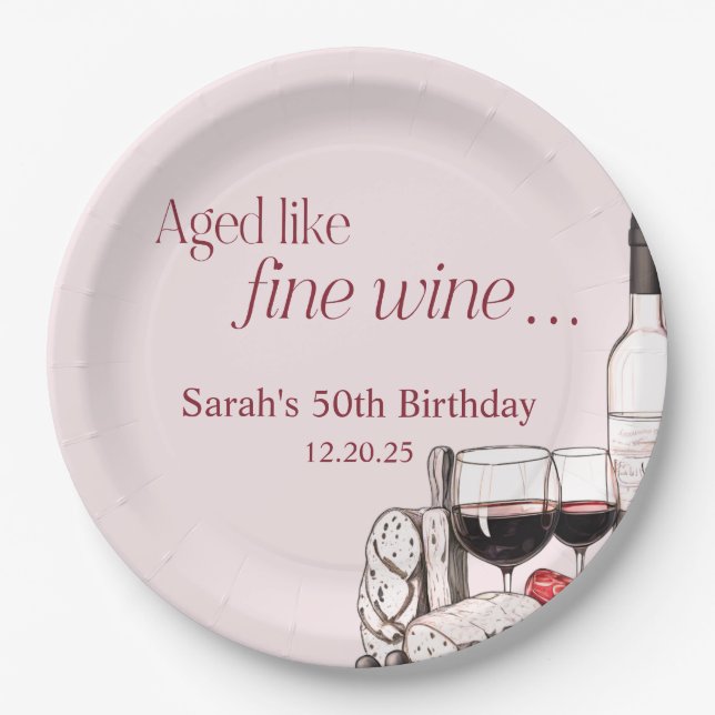 Charcuterie and Wine 50th Birthday Blush Paper Plates (Front)