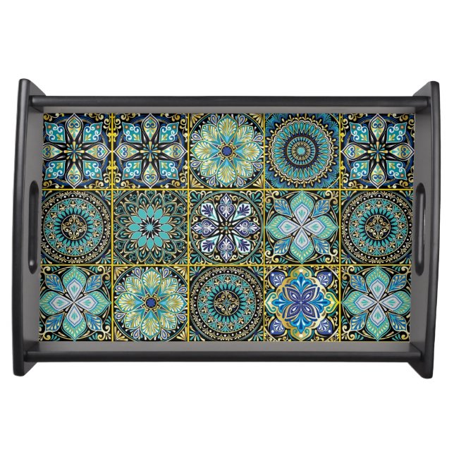 Charcuterie Aqua Green Blue Tile Image Black Serving Tray (Front)