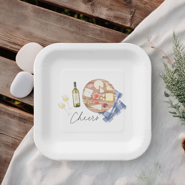 Charcuterie Board Wine & Cheese Cheers Monogram Paper Plates (Creator Uploaded)