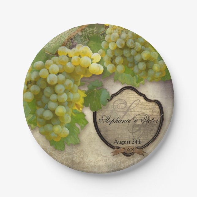 Chardonnay Grapes Vineyard Sign Vintage Wedding Paper Plates (Front)