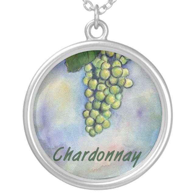 Chardonnay Wine Grapes Silver Necklace (Front)